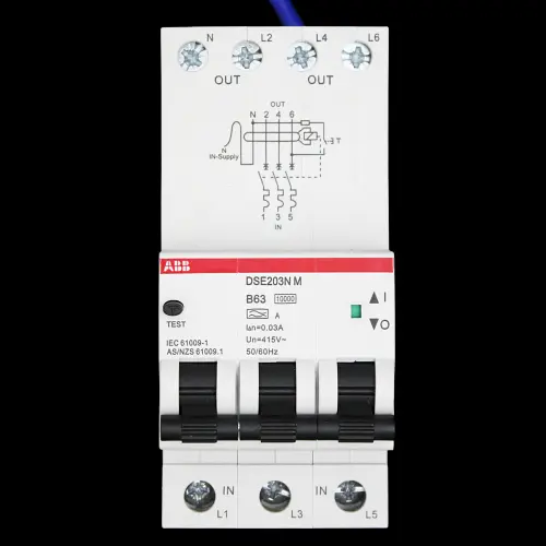 ABB 63 AMP CURVE B 10kA 30mA TRIPLE POLE RCBO TYPE A DSE203N M 2TAZ234414R2635