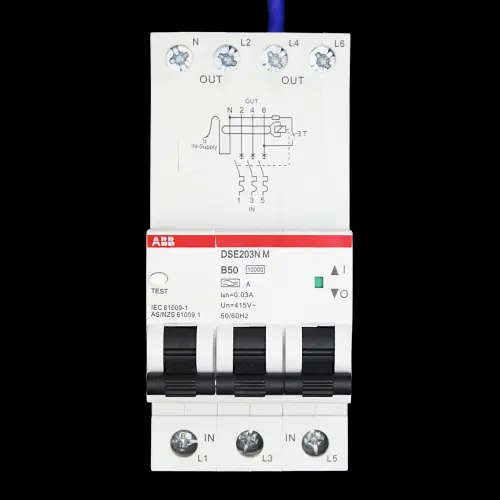 ABB 50 AMP CURVE B 10kA 30mA TRIPLE POLE RCBO TYPE A DSE203N M 2TAZ234414R2505