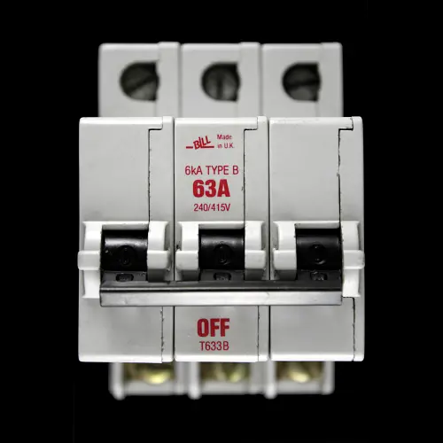 BILL 63 AMP CURVE B 6kA TRIPLE POLE MCB CIRCUIT BREAKER T633B RED