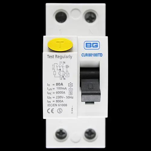 BRITISH GENERAL 80 AMP 100mA DOUBLE POLE TIME DELAY RCCB RCD TYPE AC CUR80100TD