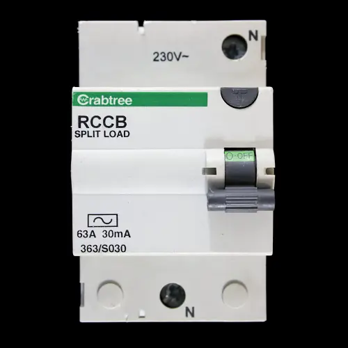 CRABTREE 63 AMP 30mA DOUBLE POLE RCCB TYPE AC STARBREAKER SPLIT LOAD 363/S030