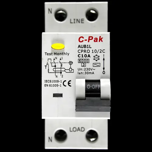 C-PAK C 10 RCBO DOUBLE POLE 6kA 30mA TYPE AC AUB1L CPRO 10/2C
