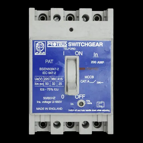 PROTEUS 200 AMP 25kA TRIPLE POLE MCCB SWITCHGEAR PAT200