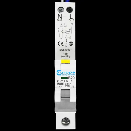 EUROPA 20 AMP CURVE B 10kA 30mA RCBO TYPE AC EUC7R.20/1B
