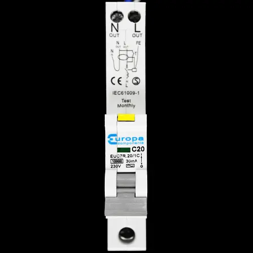 EUROPA 20 AMP CURVE C 10kA 30mA RCBO TYPE AC EUC7R.20/1C