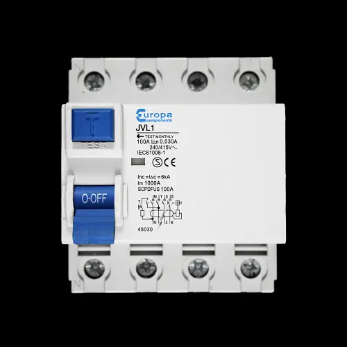 EUROPA 100 AMP 30mA FOUR POLE RCD JVL1 SCPDFUS100A 45030