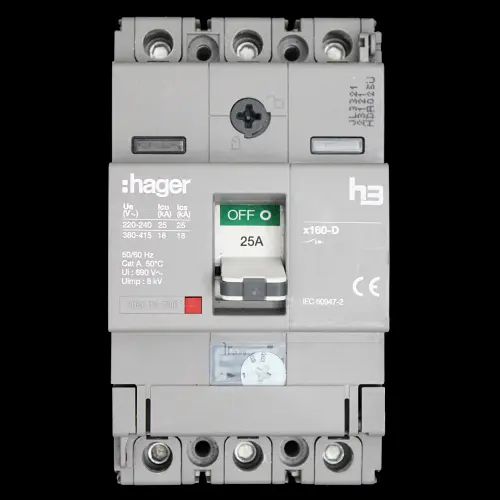 HAGER 25 AMP 18kA TRIPLE POLE MCCB HDA025U X160 313059