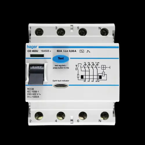 HAGER 63 AMP 30mA FOUR POLE RCCB RCD TYPE AC CD463U 164505