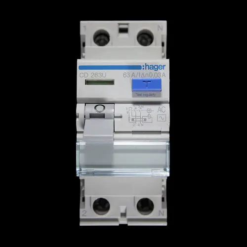 HAGER 63 AMP 30mA DOUBLE POLE RCD TYPE AC 164502 CD 263U