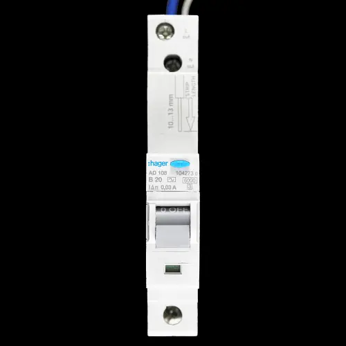 HAGER 20 AMP CURVE B 6kA 30mA RCBO TYPE AC AD108 104273