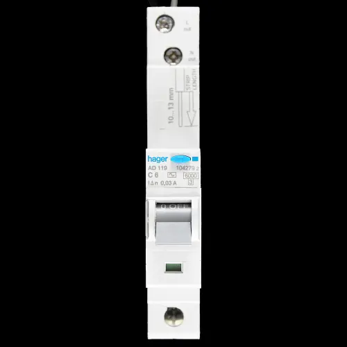 HAGER 6 AMP CURVE C 6kA 30mA RCBO TYPE AC AD119 104279