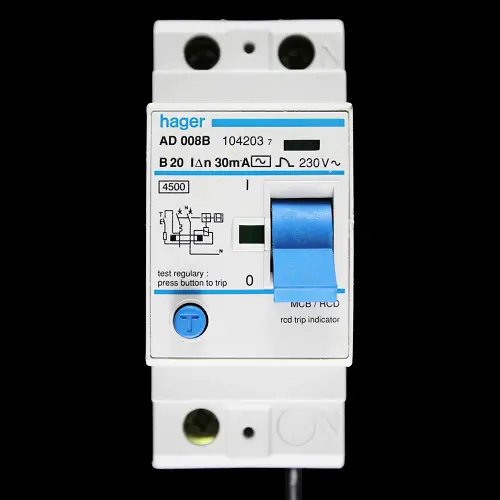 HAGER 20 AMP CURVE B 4.5kA 30mA DOUBLE POLE RCBO TYPE AC AD008B 104203