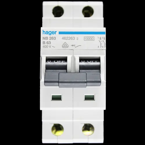 HAGER 63 AMP CURVE B 10kA DOUBLE POLE MCB CIRCUIT BREAKER NB263 462263