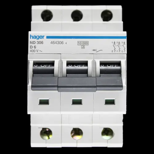 HAGER 6 AMP CURVE D 10kA TRIPLE POLE MCB CIRCUIT BREAKER ND306 464306