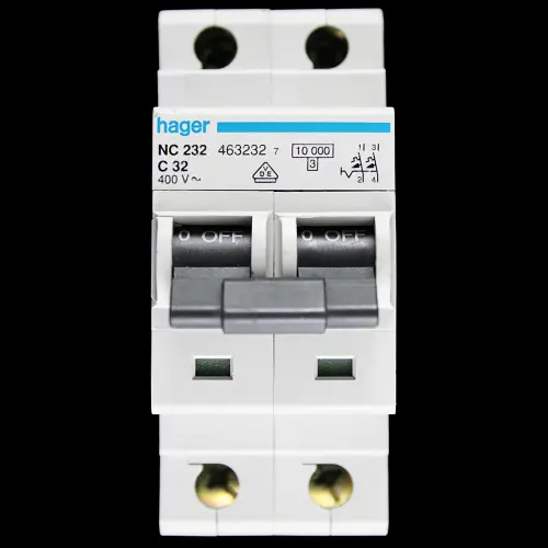 HAGER 32 AMP CURVE C 10kA DOUBLE POLE MCB CIRCUIT BREAKER NC232 463232