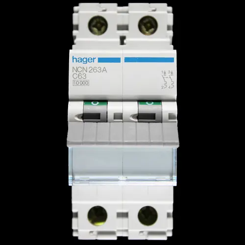 HAGER 63 AMP CURVE C 10kA DOUBLE POLE MCB CIRCUIT BREAKER NCN263A 461573