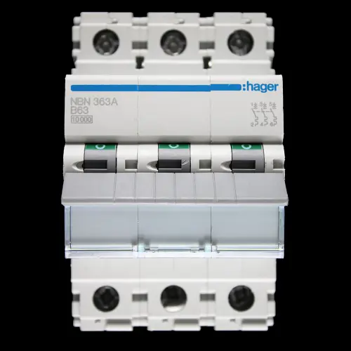 HAGER 63 AMP CURVE B 10kA TRIPLE POLE MCB CIRCUIT BREAKER NBN363A 461840