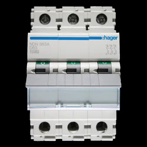 HAGER 63 AMP CURVE D 10kA TRIPLE POLE MCB CIRCUIT BREAKER NDN363A 461930