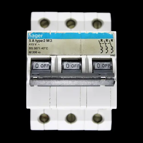 HAGER 5 AMP TYPE 2 M3 TRIPLE POLE MCB CIRCUIT BREAKER M306 45