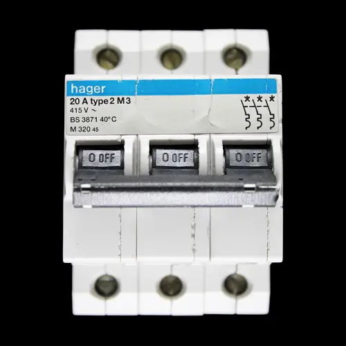 HAGER 20 AMP TYPE 2 M3 TRIPLE POLE MCB CIRCUIT BREAKER M320 45
