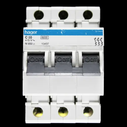 HAGER 50 AMP CURVE C 6kA TRIPLE POLE MCB CIRCUIT BREAKER M850 Z1 13437