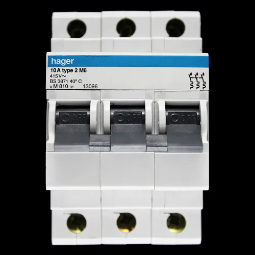 HAGER 10 AMP TYPE 2 M6 TRIPLE POLE MCB CIRCUIT BREAKER M810 U1 13096
