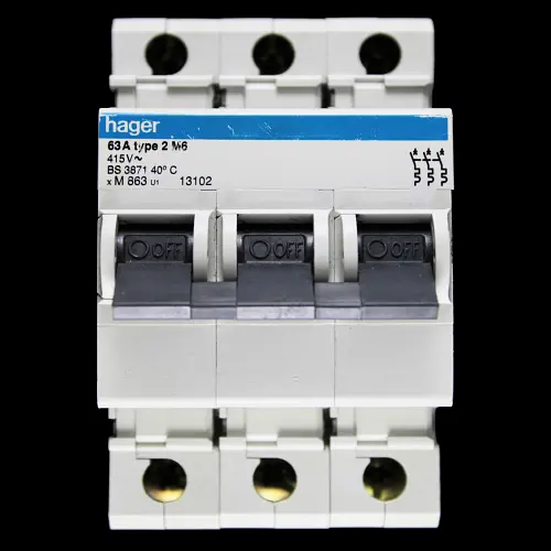 HAGER 63 AMP TYPE 2 M6 TRIPLE POLE MCB CIRCUIT BREAKER M863 U1 13102