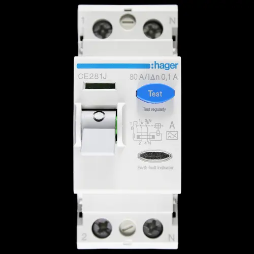 HAGER 80 AMP 100mA DOUBLE POLE RCCB RCD TYPE A CE281J 165000