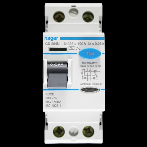 HAGER 100 AMP 30mA DOUBLE POLE RCCB RCD TYPE AC 164355 CD284U