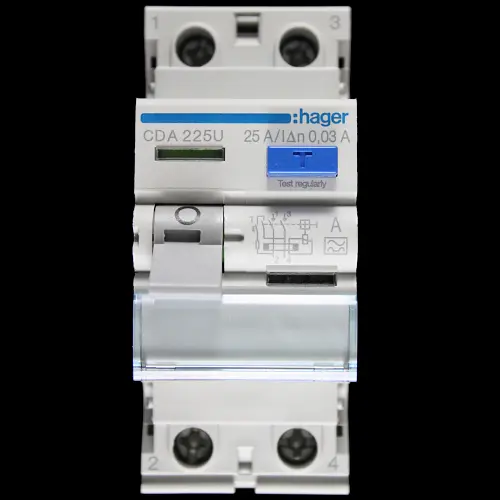 HAGER 25 AMP 30mA DOUBLE POLE RCCB TYPE A CDA225U 161489