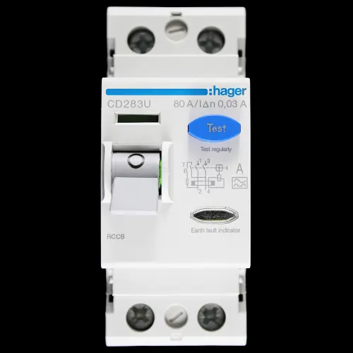 HAGER 80 AMP 30mA DOUBLE POLE RCD TYPE A CD283U 161528