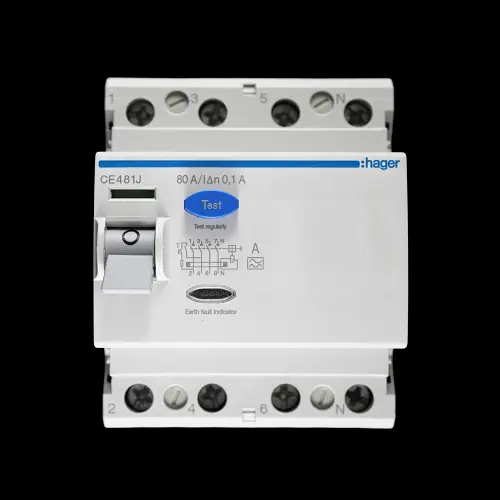 HAGER 80 AMP 100mA FOUR POLE RCCB RCD TYPE A CE481J 165001