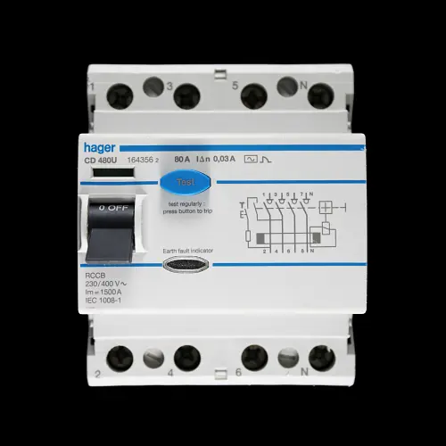 HAGER 80 AMP 30mA FOUR POLE RCCB RCD TYPE AC CD480U 164356