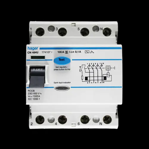 HAGER 100 AMP 100mA FOUR POLE TIME DELAY RCCB RCD TYPE AC CN484U 174107