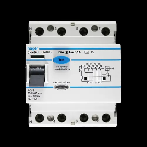 HAGER 100 AMP 100mA FOUR POLE TIME DELAY RCCB RCD TYPE AC CN486U 174109