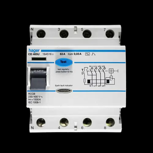 HAGER 63 AMP 30mA FOUR POLE RCCB RCD TYPE AC CD465U 164516