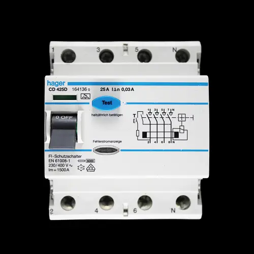 HAGER 25 AMP 30mA FOUR POLE RCCB RCD TYPE A CD425D 164136