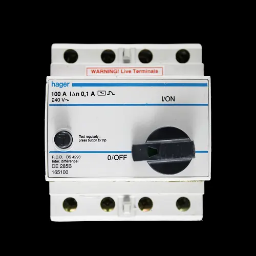 HAGER 100 AMP 100mA FOUR POLE RCD TYPE AC CE285B 165100
