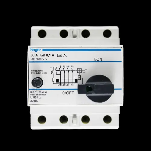 HAGER 80 AMP 100mA FOUR POLE RCD TYPE AC U881 U2 20489
