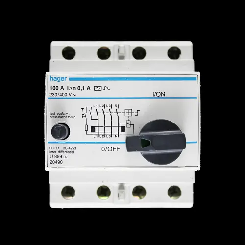 HAGER 100 AMP 100mA FOUR POLE RCD TYPE AC U899 U2 20490