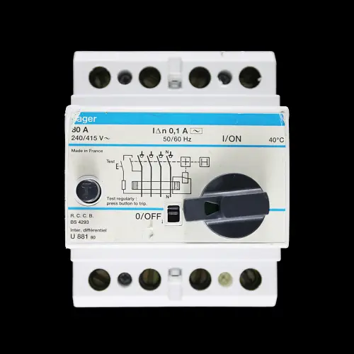 HAGER 80 AMP 100mA FOUR POLE RCCB RCD TYPE AC U881 80