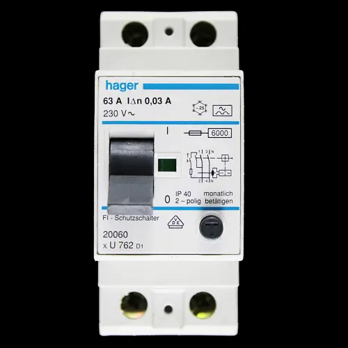 HAGER 63 AMP 30mA DOUBLE POLE RCD TYPE A U762 D1 20060
