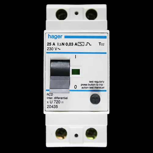 HAGER 25 AMP 30mA DOUBLE POLE RCD TYPE AC U720 I1 20435