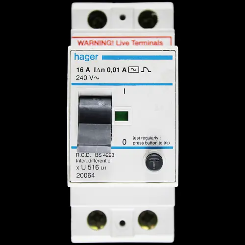 HAGER 16 AMP 10mA DOUBLE POLE RCD TYPE AC U516 U1 20064