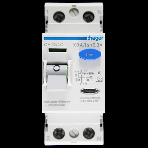 HAGER 100 AMP 30mA DOUBLE POLE RCD TYPE A CF284C 166490