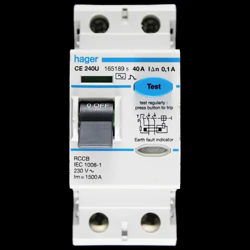 HAGER 40 AMP 100mA DOUBLE POLE RCCB RCD TYPE AC CE240U 165189