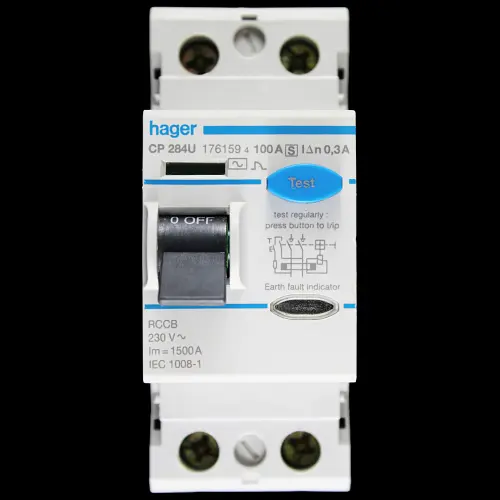 HAGER 100 RCCB RCD DOUBLE POLE 300mA TIME DELAY TYPE AC CP284U 176159