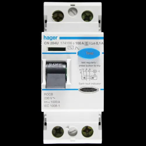 HAGER 100 AMP 100mA DOUBLE POLE TIME DELAY RCCB RCD TYPE AC CN284U 174106