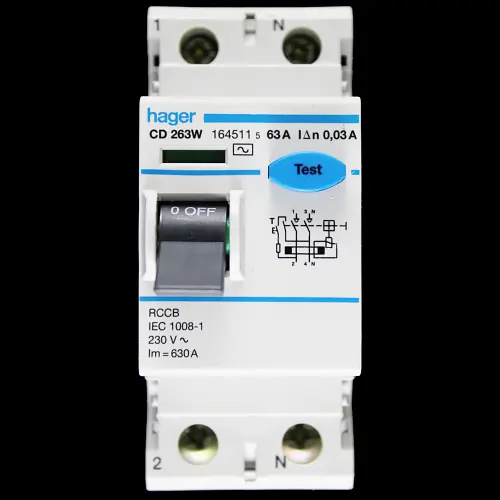 HAGER 63 AMP 30mA DOUBLE POLE RCCB RCD TYPE AC CD263W 164511