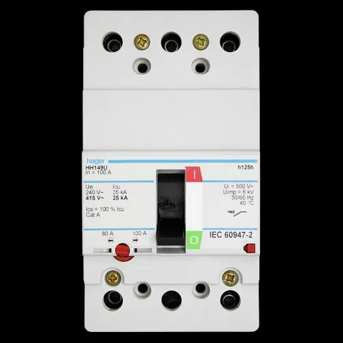 HAGER 100 AMP 25kA TRIPLE POLE MCCB HH149U H125H 318204